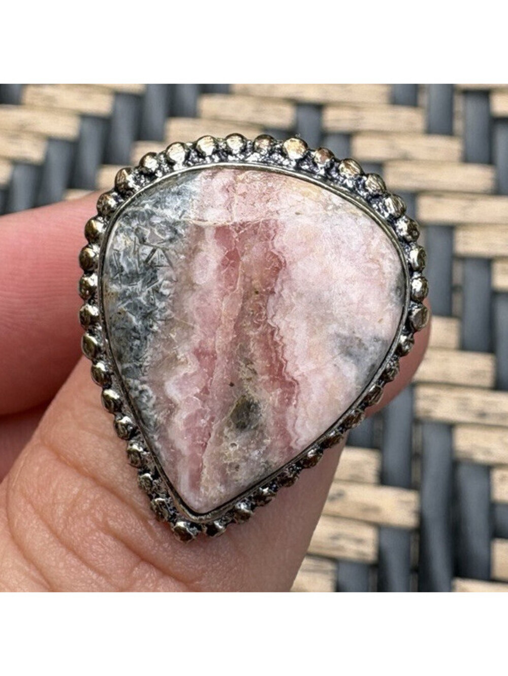 925 Sterling Silver Pink Gray Pear Teardrop Bezel Ring size 9.25